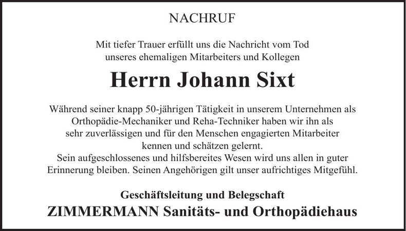 Traueranzeige Johann Sixt