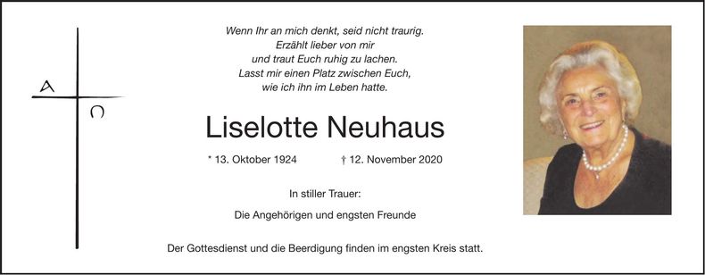 Traueranzeige Liselotte Neuhaus