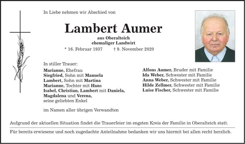 Traueranzeige Lambert Aumer