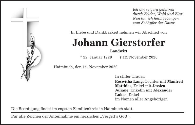 Traueranzeige Johann Gierstorfer