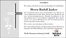 Traueranzeige Rudolf Janker