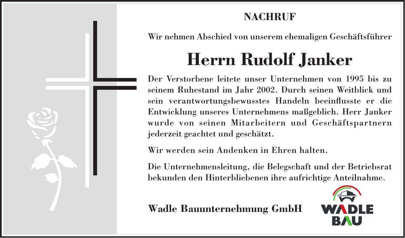 Traueranzeige Rudolf Janker