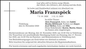Traueranzeige Maria Franzspöck