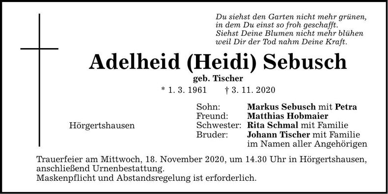 Traueranzeige Adelheid (Heidi) Sebusch