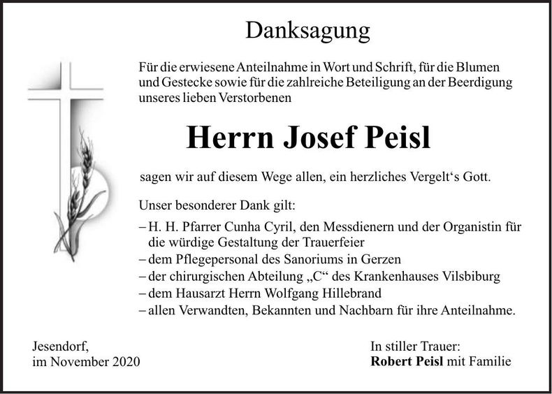 Traueranzeige Josef Peisl