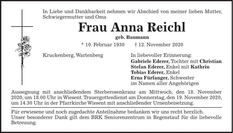 Traueranzeige Anna Reichl