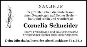 Traueranzeige Cornelia Schneider