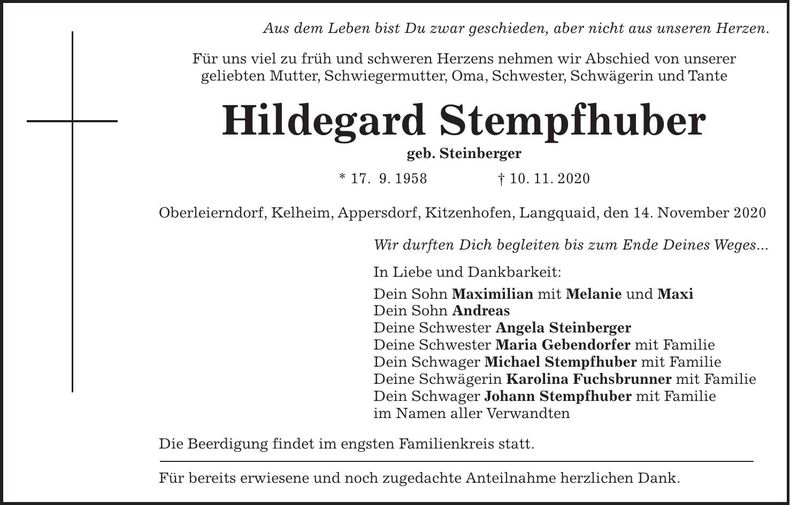 Traueranzeige Hildegard Stempfhuber
