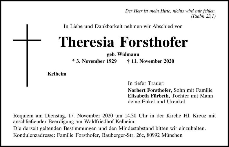 Traueranzeige Theresia Forsthofer