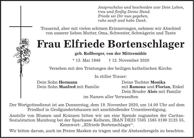 Traueranzeige Elfriede Bortenschlager