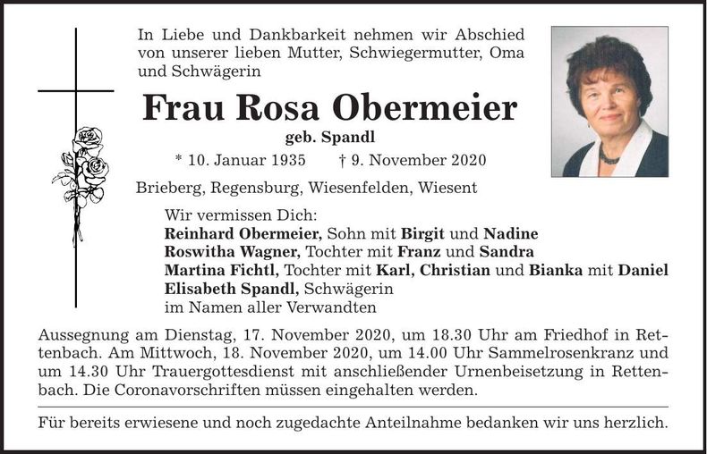 Traueranzeige Rosa Obermeier