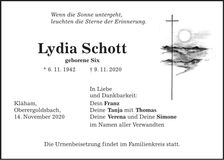 Traueranzeige Lydia Schott