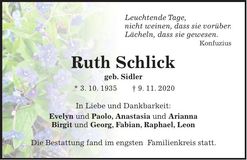 Traueranzeige Ruth Schlick