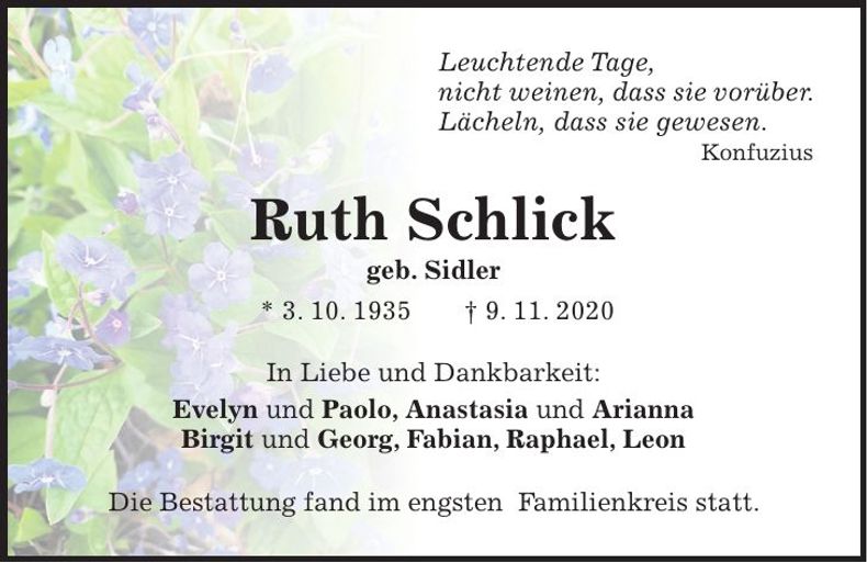 Traueranzeige Ruth Schlick