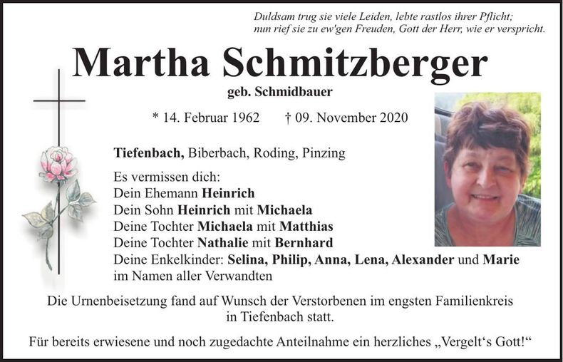 Traueranzeige Martha Schmitzberger