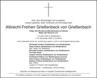 Traueranzeige Albrecht Freiherr Grießenbeck von Grießenbach