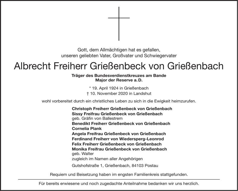 Traueranzeige Albrecht Freiherr Grießenbeck von Grießenbach