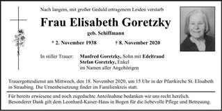 Traueranzeige Elisabeth Goretzky