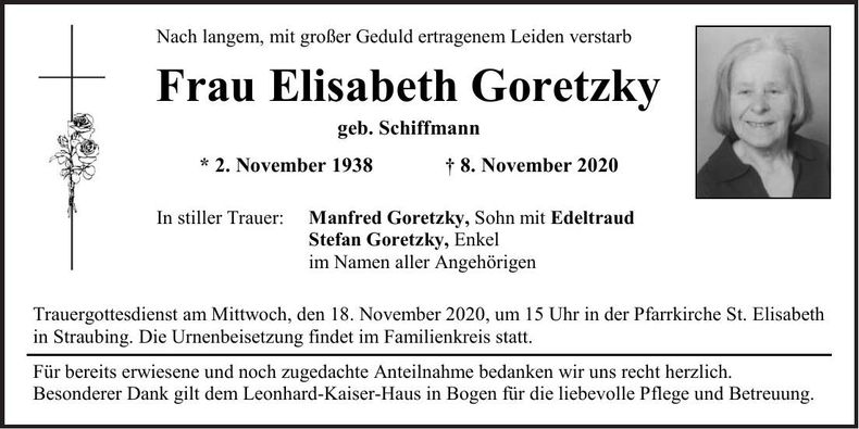 Traueranzeige Elisabeth Goretzky