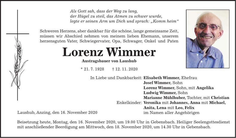 Traueranzeige Lorenz Wimmer