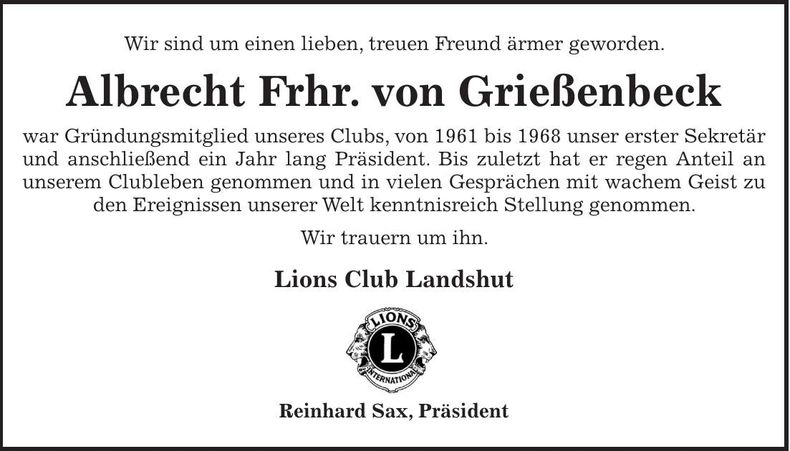 Traueranzeige Albrecht Frhr. von Grießenbech