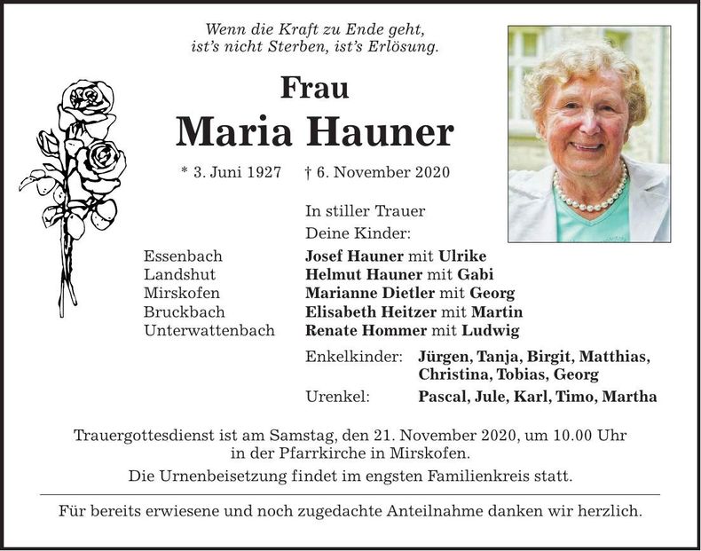 Traueranzeige Maria Hauner