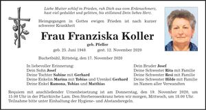Traueranzeige Franziska Koller