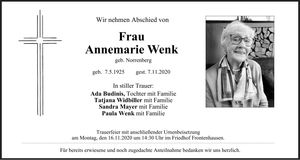 Traueranzeige Annemarie Wenk