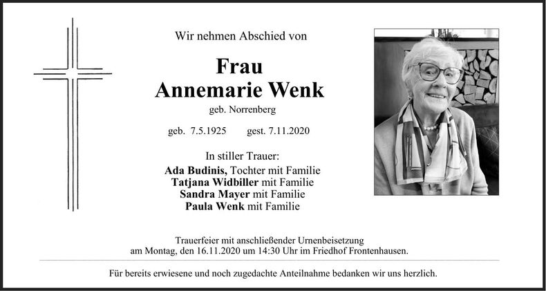 Traueranzeige Annemarie Wenk