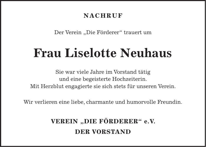 Traueranzeige Liselotte Neuhaus