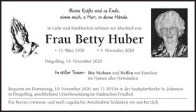 Traueranzeige Betty Huber