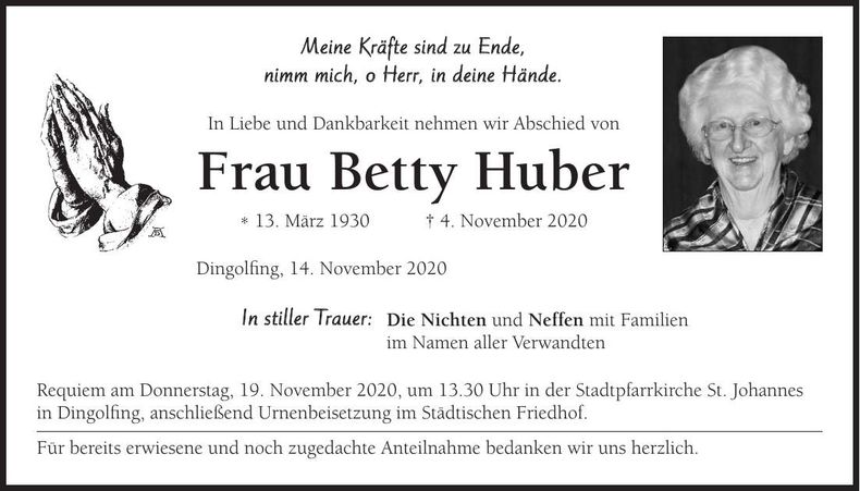 Traueranzeige Betty Huber