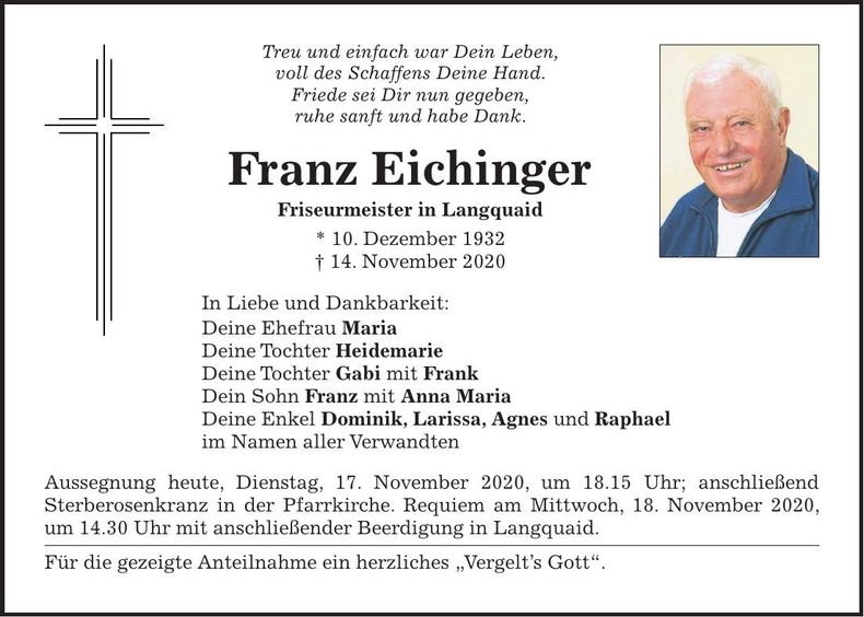 Traueranzeige Franz Eichinger