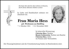 Traueranzeige Maria Hess