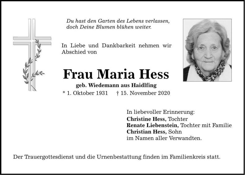Traueranzeige Maria Hess