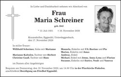 Traueranzeige Maria Schreiner