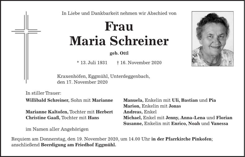 Traueranzeige Maria Schreiner