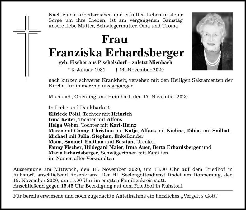 Traueranzeige Franziska Erhardsberger