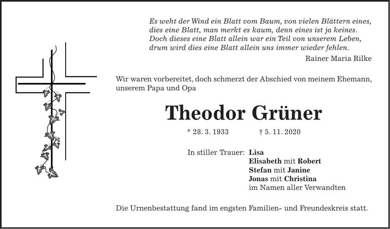 Traueranzeige Theodor Grüner