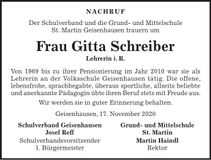 Traueranzeige Gitta Schreiber