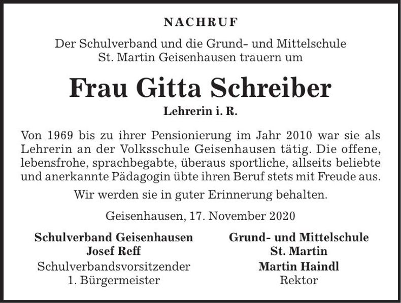 Traueranzeige Gitta Schreiber