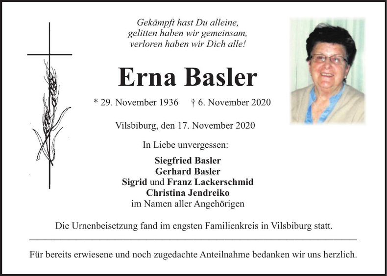 Traueranzeige Erna Basler