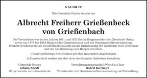 Traueranzeige Grießenbeck von Grießenbach Albrecht