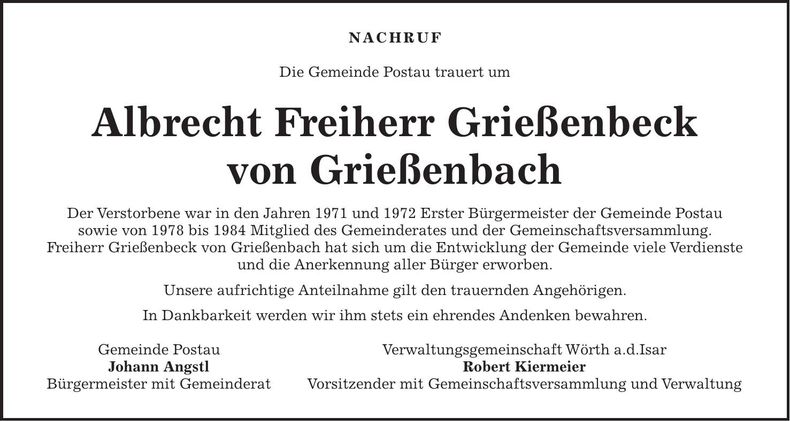 Traueranzeige Grießenbeck von Grießenbach Albrecht