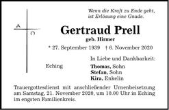 Traueranzeige Gertraud Prell