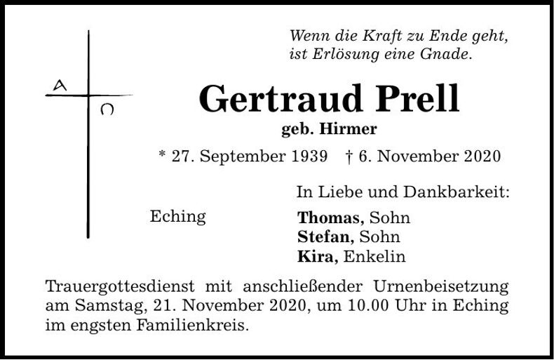 Traueranzeige Gertraud Prell