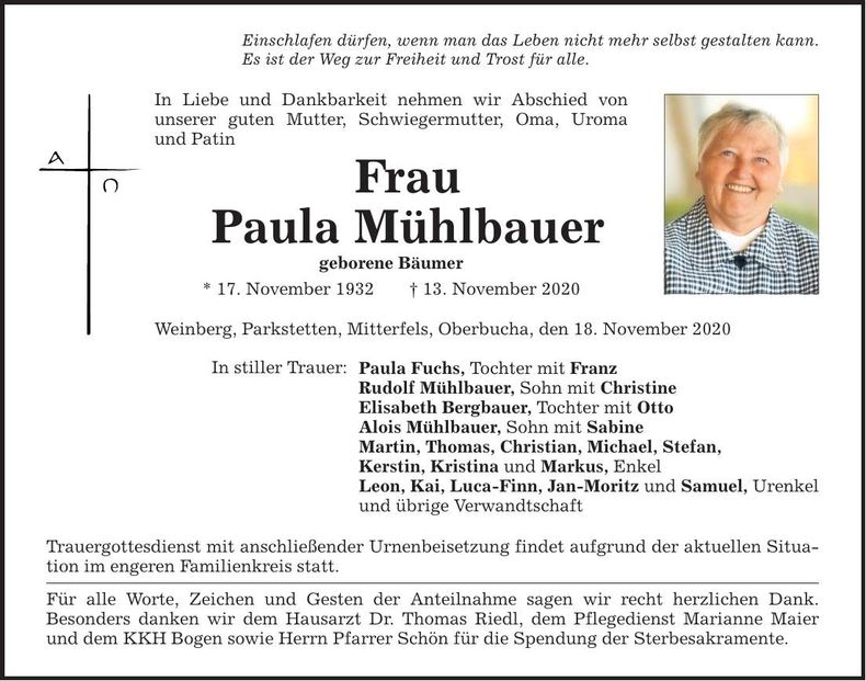 Traueranzeige Paula Mühlbauer