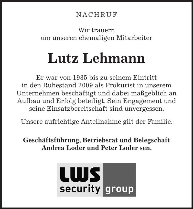 Traueranzeige Lutz Lehmann