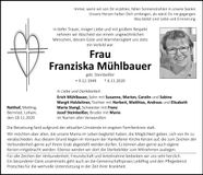Traueranzeige Franziska Mühlbauer