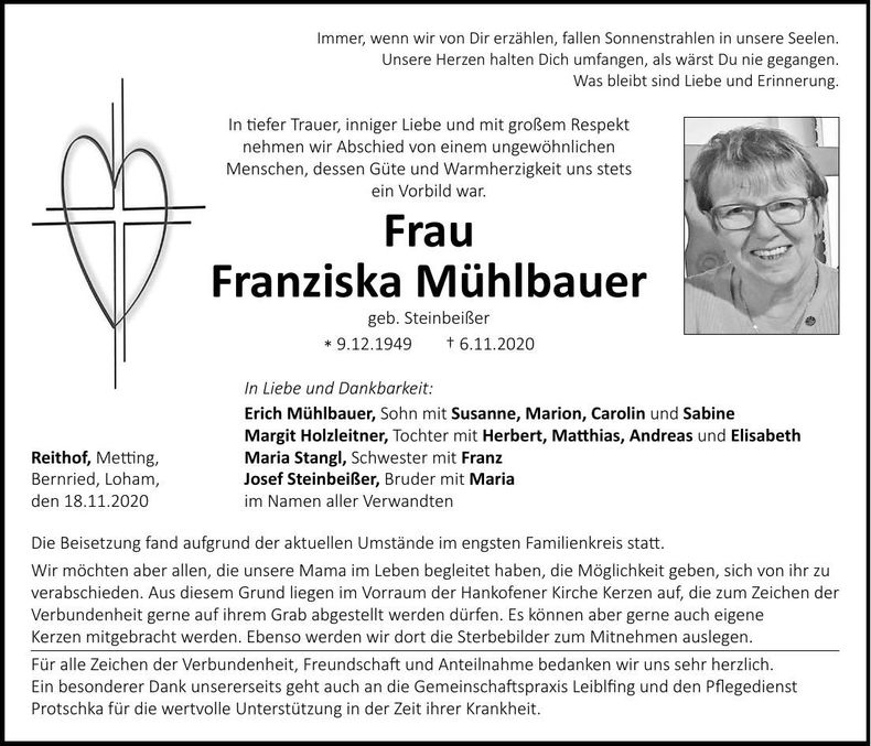 Traueranzeige Franziska Mühlbauer